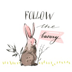 Hand drawn vector abstract graphic scandinavian collage Happy Easter cute simple bunny illustrations greeting card and handwritten modern calligraphy follow the bunny isolated on white background