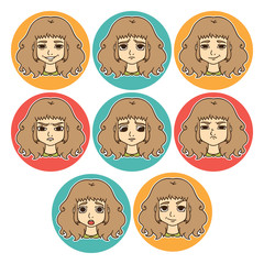 Obraz premium Set of woman's emotions. Facial expression. Girl Avatar. Isolated objects on white background. Vector illustration.