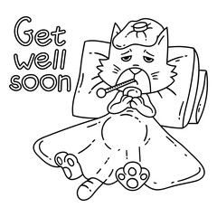 Sickening cat with thermometer under the blanket. Page for coloring book, greeting card. Black and white vector illustration. Outline drawing. Isolated objects on white background. Get well card.