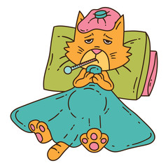 Sickening cat with thermometer under the blanket. Isolated objects on white background. Vector illustration.