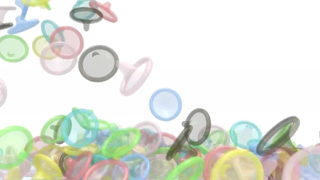 many colored condoms fall on white background, 3d animation