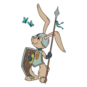 Bunny knight with a lance and shield. Vector illustration isolated on white background.
