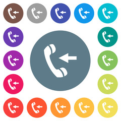 Incoming phone call flat white icons on round color backgrounds