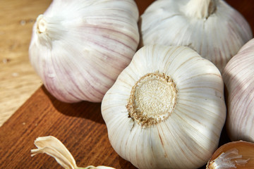Garlic close up on wooden plate on rustic background, shallow depth of field, selective focus, macro