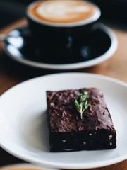 Close up brownie in coffee shop.