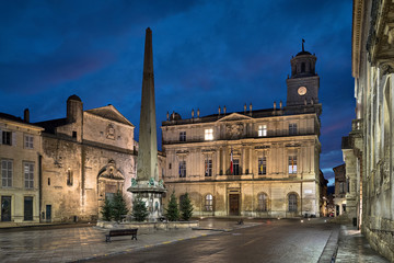 Town Hall of Arles and Place de la Republique square at dusk in Arles, Bouches-du-Rhone, France