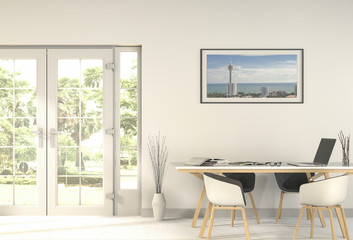 interior modern living white room and green landscape in door. 3D rendering