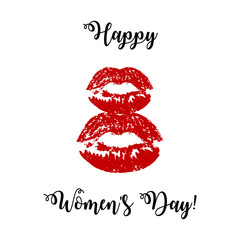 Greeting card for March 8. International Women's Day. Silhouette of red female lips, imprint of lipstick, kiss, abstraction, vector ilustration.