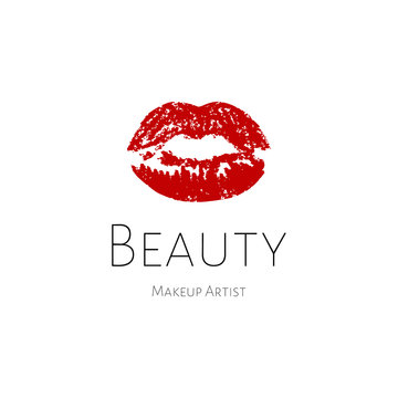Lips logo. Red print lip, beauty logo template. Logo for make-up artist, beauty studio, make up studio or salon. Decorative cosmetic, makeup, beauty salon, stylist vector logo design template.