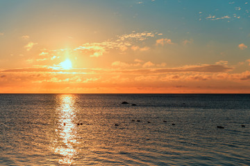 Panorama of beautiful sunset on Baltic sea.