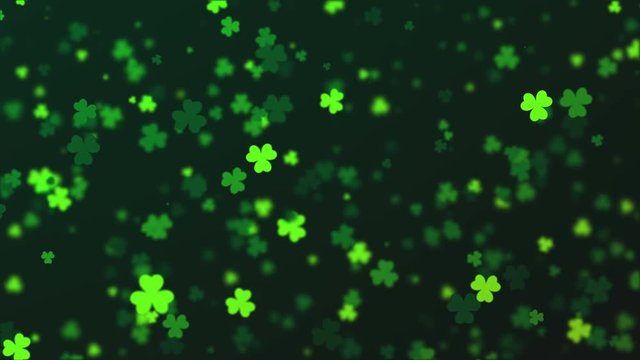 Saint Patrick's Day background. Abstract loopable falling clover leaves made of hearts over dark green background