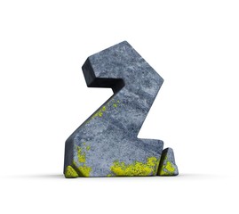 Fototapeta premium Stone numeral 2, 3d model on isolated white background with grey granite and moss texture