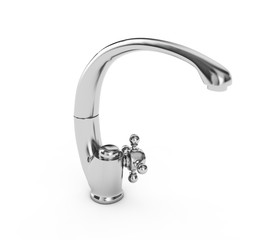 Chrome tap with a water stream isolated on white 3d illustration.