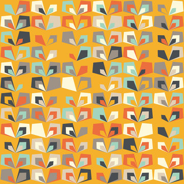 Midcentury geometric retro background. Vintage brown, orange and teal colors. Seamless floral mod pattern, vector illustration. Abstract retro geometric midcentury 60s 70s background. Retro wallpaper.