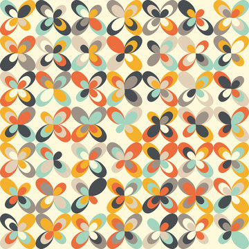 Midcentury geometric retro background. Vintage brown, orange and teal colors. Seamless floral mod pattern, vector illustration. Abstract retro geometric midcentury 60s 70s background. Retro wallpaper.