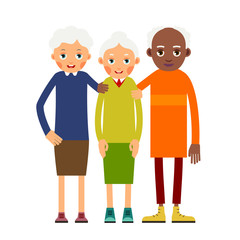 Group older people. Three aged people black and white. Elderly men and women stand together and hug each other. Illustration in flat style. Isolated