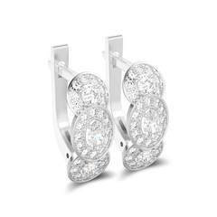 3D illustration isolated white gold or silver three stone solitaire diamond earrings with hinged lock with shadow