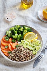 
    Quinoa salad with sweet potato and broccoli. Detox buddha bowl with quinoa, sweet potato and broccoli. Selective focus