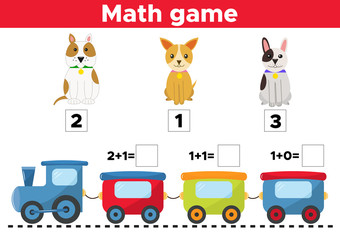 Counting game for preschool kids. Help the dogs find the right train car. Educational math game. Vector illustration.