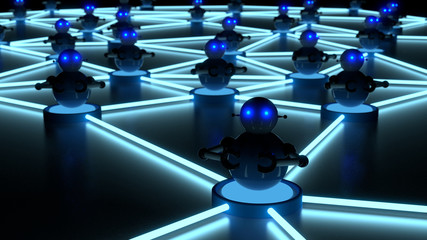 Botnet concept with glowing eyes platform bots