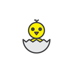 Newborn chicken in eggshell filled outline icon, line vector sign, linear colorful pictogram isolated on white. Hatched chicken symbol, logo illustration. Pixel perfect vector graphics