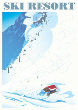 Winter landscape of a ski resort with mountains and a slope for skiing. Vector illustration.