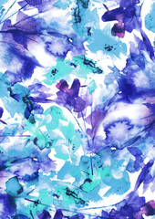 Watercolor background, greeting card, card with a picture of wild blue, purple, violet flowers, grass, abstract spots. A beautiful, fashionable illustration for your design. Abstract art illustration.