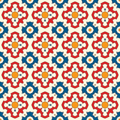 Ancient mosaic wallpaper with floral motif. Eclectic ceramic tile ornament. Ethnic style seamless surface pattern.