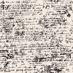 Vector texture, seamless background with handwritten text and scribbles, medieval papyrus or manuscript with blots and spots in retro style - obrazy, fototapety, plakaty