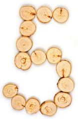 Number made of wood slice on a white background. 5