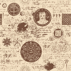 Fototapeta na wymiar Vector texture, seamless background on the theme of old manuscript with occult lyrics and symbols. Medieval papyrus with blots and spots in retro style