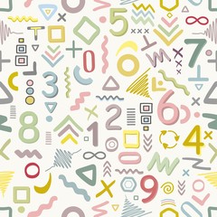 Seamless geometric pattern in memphis style with colorful numbers