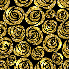 Golden glitter texture with hand draw black circles seamless pattern in gold style. Celebration metallic background.