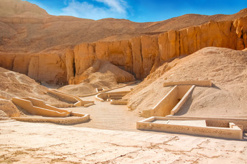 Valley of kings. The tombs of the pharaohs. Tutankhamun. Luxor. Egypt. Ancient monument of architecture. Museum. Excavation. Vacation holidays background wallpaper - obrazy, fototapety, plakaty