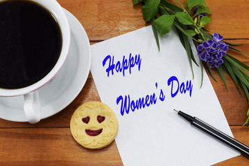Happy Women's Day ( March 8), hot black coffee, a bouquet of fresh flowers and congratulations on March 8