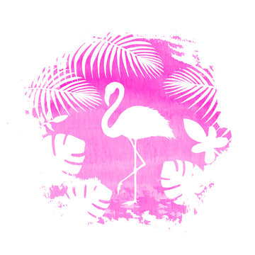 Silhouette of flamingo on pink watercolor spot