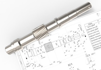 drawing of machine parts. Design documentation. Drawings and metal parts. Shaft, pinion, bushing and paper drawings. 3D rendering.