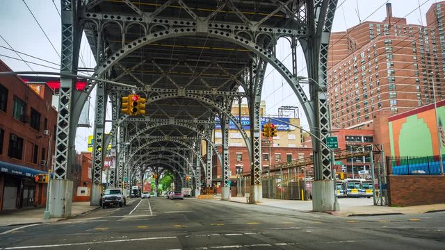 Manhattan, New York City, United States, time lapse view of traffic under the Riverside Drive viaduct in West Harlem.