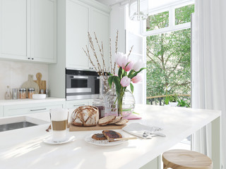 breakfast in a nice kitchen interior. springtime. 3d rendering