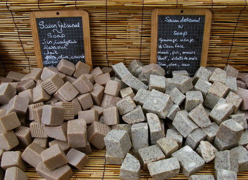 Saint Paul / La Reunion: Homemade organic natural soap at a market stand on the open market on the seafront esplanade