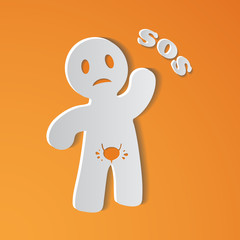 Sick Person Suffering From Bladder Ache With Placard Inscripted SOS, Asking Doctor Or Patient For Medical Help, Care Or Treatment. Vector Illustration. Cancer, Infection, Pain. Medical concept.