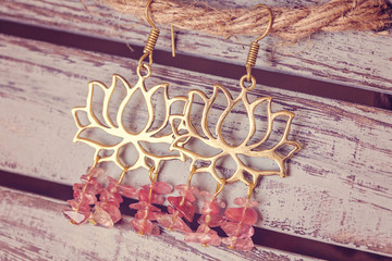 Lotus brass earrings with natural stone beads