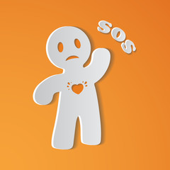 Sick Person Suffering From Heart Ache With Placard Inscripted SOS, Asking Doctor Or Patient For Medical Help, Care Or Treatment. Vector Illustration. Cancer, Infection, Pain. Medical concept.