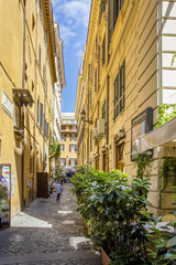 Narrow paved street with old yellow houses and many green plants / flowers, Rome, Italy.