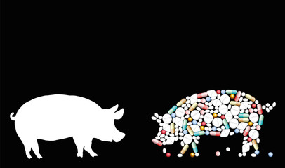 Pills that shape a pig. Symbol for animal healthcare issues, medicine, pharmacy, antibiotics and diet - isolated vector illustration on black background.