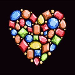 Set of jewels in the form of  heart. Precious stones of red, blue, yellow and orange colors.Vector