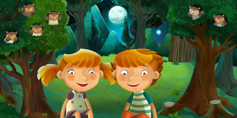 cartoon scene with boy and girl resting in the forest - brother and sister - illustration for children