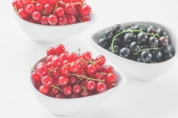 Ripe red and black currants in a white dish on a light background.