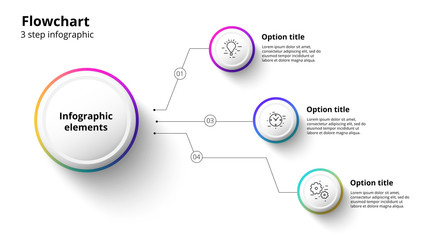 Business process chart infographics with 3 step segments. Circular corporate timeline infograph elements. Company presentation slide template. Modern vector info graphic layout design.