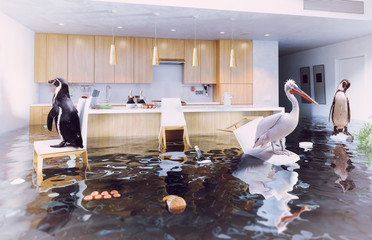 birds in the flooding kitchen